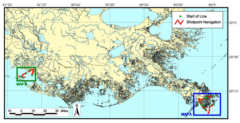 Trackline map of all boomer data collected during USGS Cruise 01RCE02. These data were collected in Louisiana river deltas in April and May of 2001. This map is in geographic projection and was created at a scale of 1:1,200,000 using ESRI's GIS software ArcView 3.2. The image was exported to Adobe Illustrator for further editing and saved for the web in JPEG format. The USGS is not the originator of all layers used in creating this map. The rivers layer is a LOSCO (Louisiana Oil Spill Coordinator's Office) dataset derived from ESRI/GDT (Geographic Data Technology, Inc.) data that were in turn derived from Bureau of the Census TIGER/Line files. The waterbodies layer is also a LOSCO dataset derived from ESRI/GDT data.