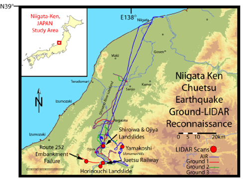 Index map of central Niigata Prefecture, with LIDAR scan locations.