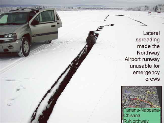 Lateral spreading at Northway Airport runway unusable for emergency crews.
