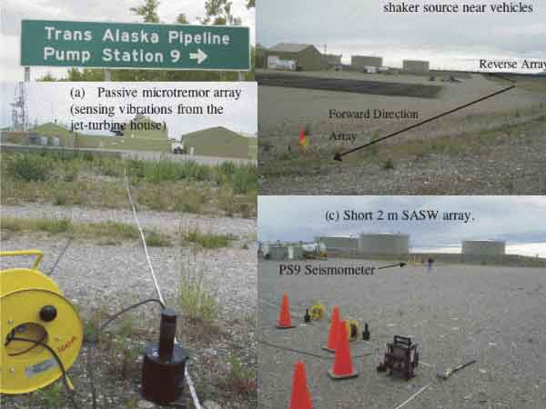 Photos of SASW setup at Pump Station 9: passive microtremor array (sensing vibrations from the jet-turbine house); other photos.