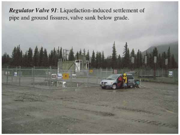 Photo of regulator valve 91: liquefaction-induced settlement of pipe and ground fissures, valve sank below grade.