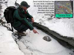 Sand vents on the polygon ice crust.