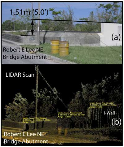 Photo and lidar scan of the northeast abutment of the London Avenue Canal bridge at Robert E. Lee Blvd.