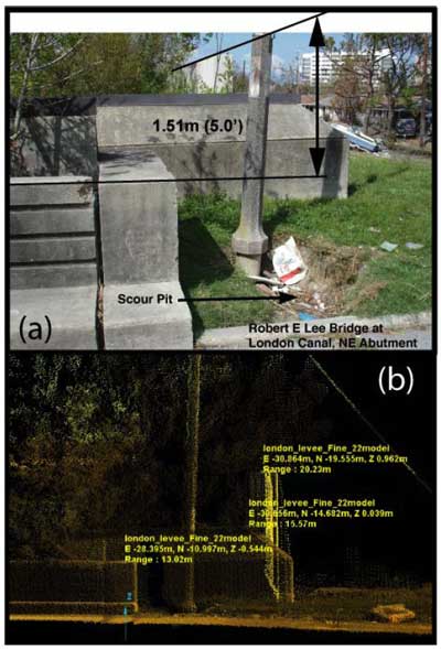 Photo and lidar scan of the northeast abutment of the Robert E. Lee Bridge.