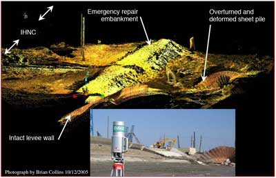 Photo and lidar image of the IHNC-North levee breach.