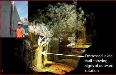 Photo and lidar image of the leaning I-wall of a distressed portion of the London Avenue Canal.