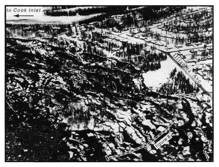 Aerial photograph of the Turnagain Heights landslide.