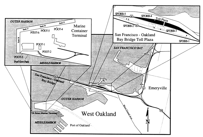 Map of locations of boreholes in Oakland and Emeryville.