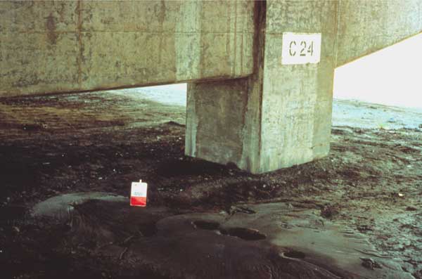 Photo of sand boils beneath elevated road.