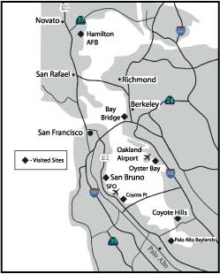 Site map of SASW locations around the San Francisco Bay Area.