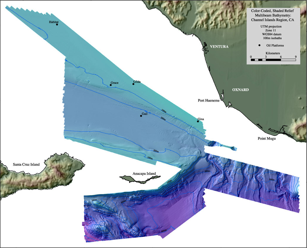 shaded-relief bathymetry map of Eastern Santa Barbara Channel survey