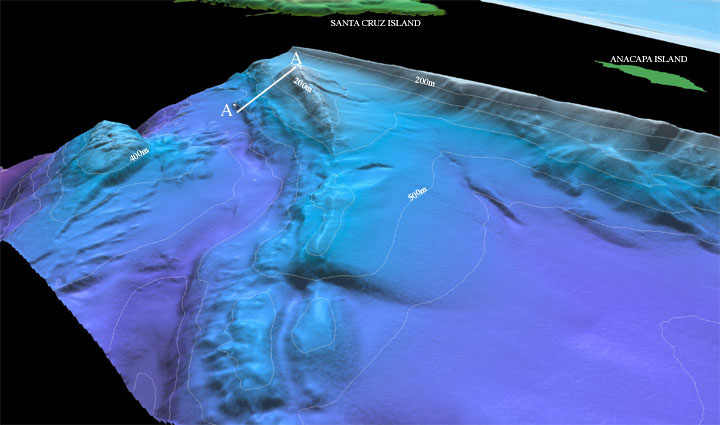 See caption below; northeast Channel Islands colored shaded-relief multibeam bathymetry perspective view1.