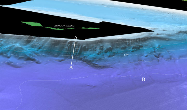 See caption below; northeast Channel Islands colored shaded-relief multibeam bathymetry perspective view 2