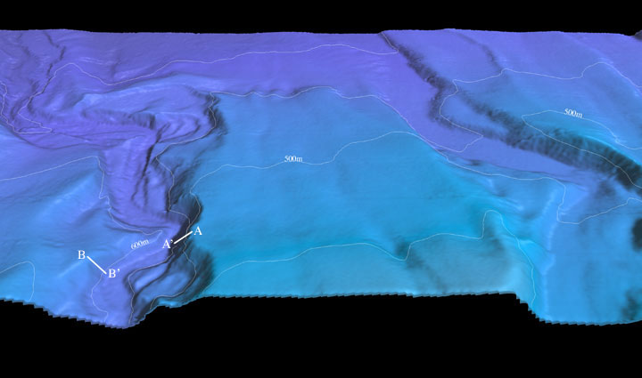 See caption below; northeast Channel Islands colored shaded-relief multibeam bathymetry perspective view 4