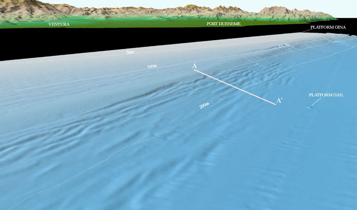 See caption below; northeast Channel Islands colored shaded-relief multibeam bathymetry perspective view 5