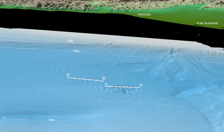 See caption below; northeast Channel Islands colored shaded-relief multibeam bathymetry perspective view 6