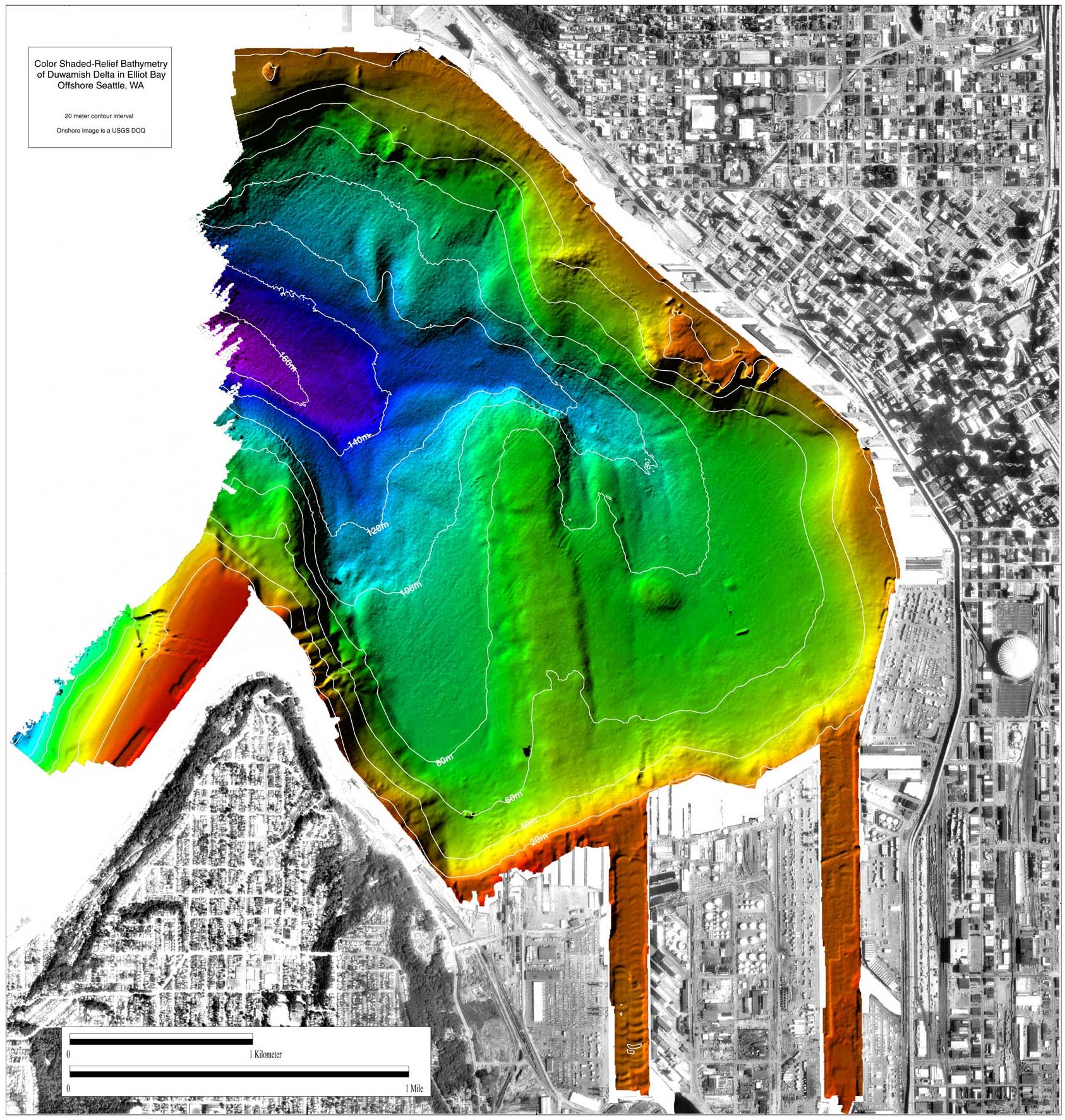 Duwamish delta image, colored shaded-relief bathymetry