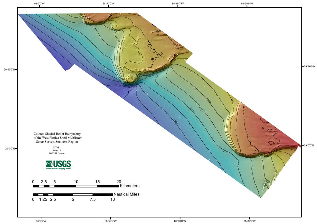 Southern Region of West Florida Shelf Shaded-Relief Bathymetry