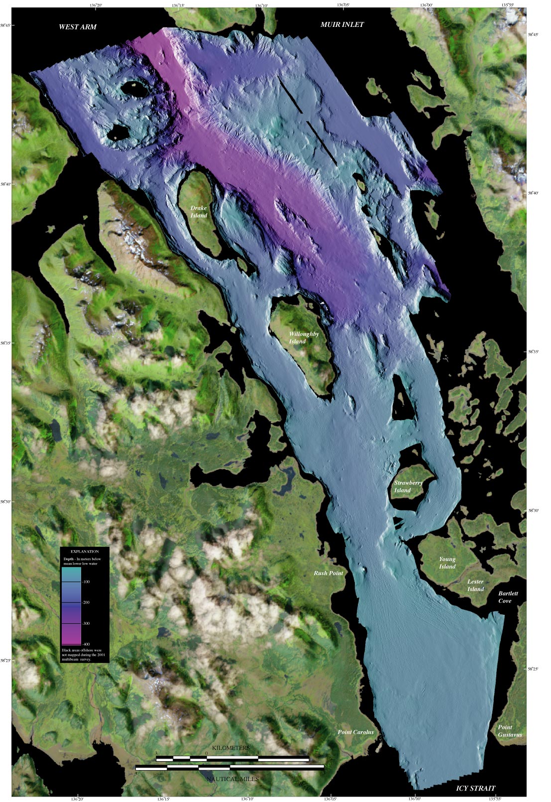 Shaded-relief bathymetry map of Glacier Bay