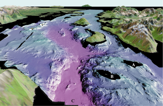 See caption below; Glacier Bay colored shaded-relief multibeam bathymetry perspective view 1
