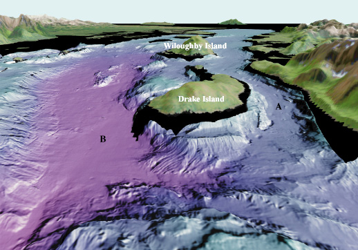 See caption below; Glacier Bay colored shaded-relief multibeam bathymetry perspective view 2