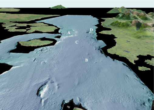 See caption below; Glacier Bay colored shaded-relief multibeam bathymetry perspective view 3