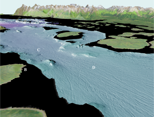 See caption below; Glacier Bay colored shaded-relief multibeam bathymetry perspective view 4