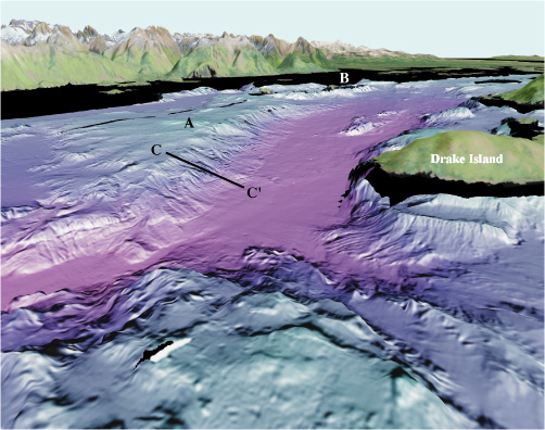 See caption below; Glacier Bay colored shaded-relief multibeam bathymetry perspective view 5