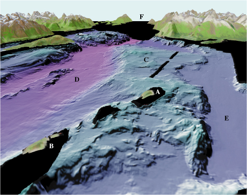 See caption below; Glacier Bay colored shaded-relief multibeam bathymetry perspective view 6