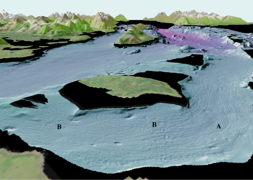 See caption below; Glacier Bay colored shaded-relief multibeam bathymetry perspective view 7