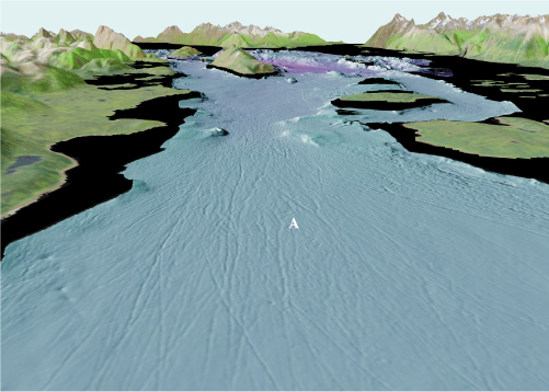 See caption below; Glacier Bay colored shaded-relief multibeam bathymetry perspective view 8