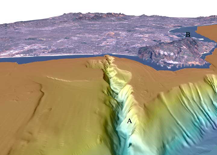 Los Angeles Margin Perspective View of colored shaded-relief bathymetry