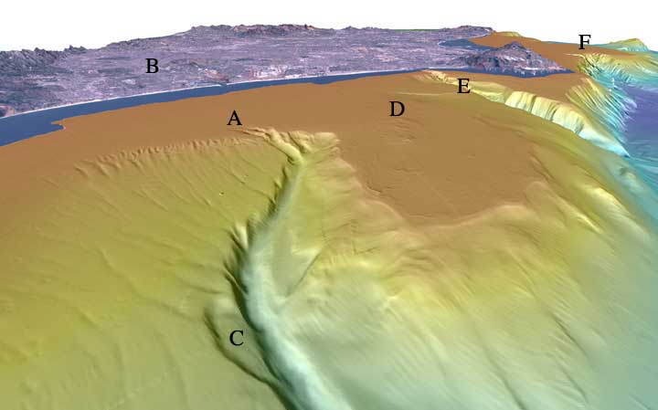 Los Angeles Margin Perspective View of colored shaded-relief bathymetry