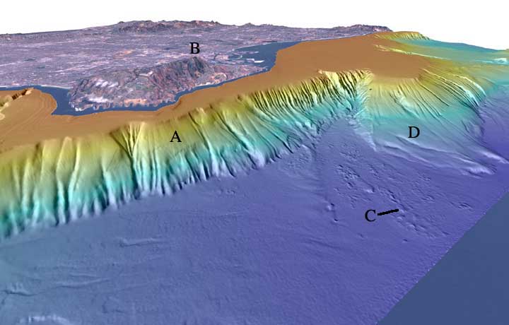 Los Angeles Margin Perspective View of colored shaded-relief bathymetry