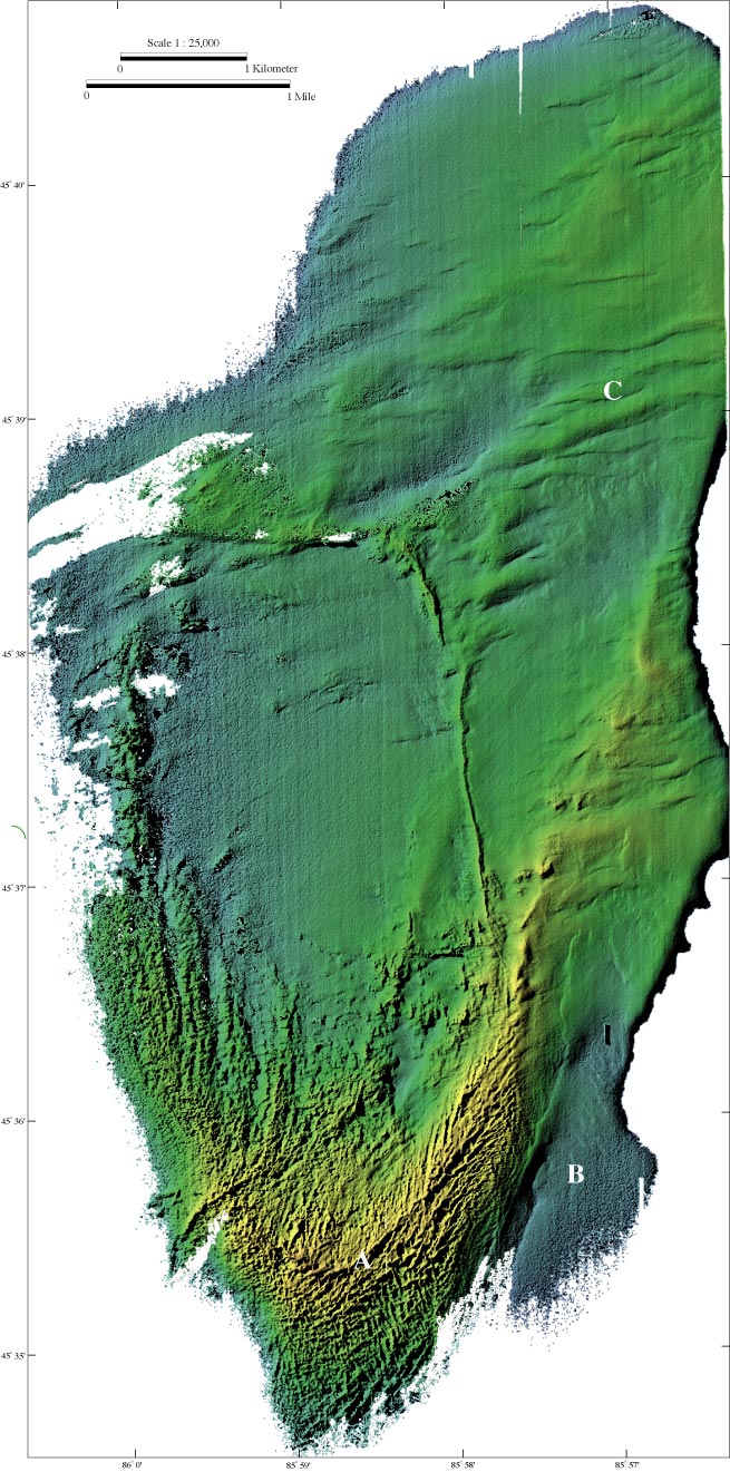 Color coded shaded relief bathymetry, see caption below.