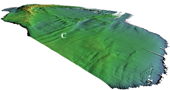 Perspective view of colored shaded-relief multibeam bathymetry of Lake Michigan; see caption below.