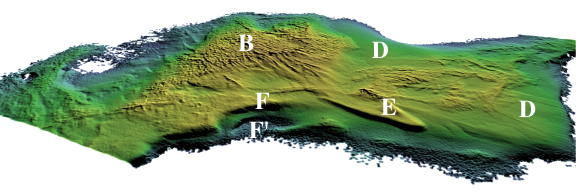 Perspective view of colored shaded-relief multibeam bathymetry of Lake Michigan; see caption below.