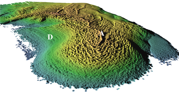 Perspective view of colored shaded-relief multibeam bathymetry of Lake Michigan; see caption below.