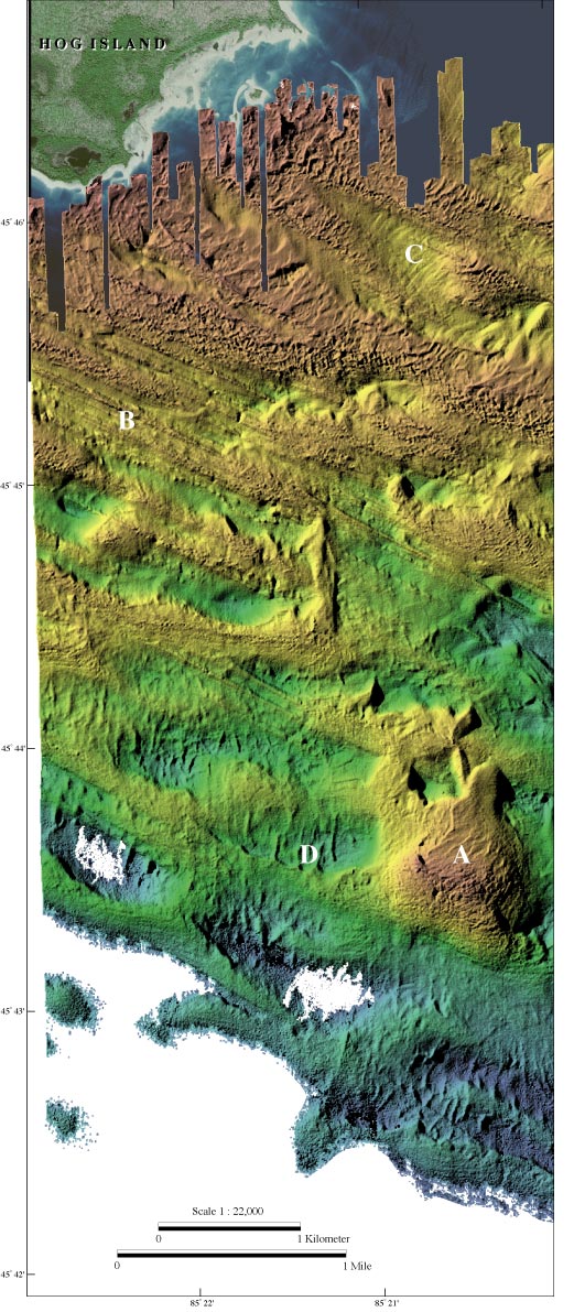 Color coded shaded relief bathymetry, see caption below.