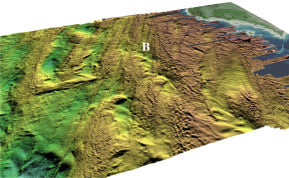 Perspective view of colored shaded-relief multibeam bathymetry of Lake Michigan; see caption below.