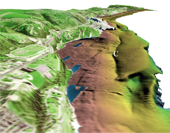 Perspective view of colored shaded-relief multibeam bathymetry of Lake Michigan; see caption below.