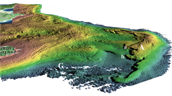 Perspective view of colored shaded-relief multibeam bathymetry of Lake Michigan; see caption below.