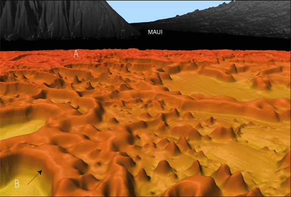 Colored shaded-relief multibeam bathymetry image of Maui, Perspective View
