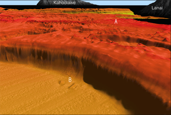 Colored shaded-relief multibeam bathymetry image of Maui, Perspective View