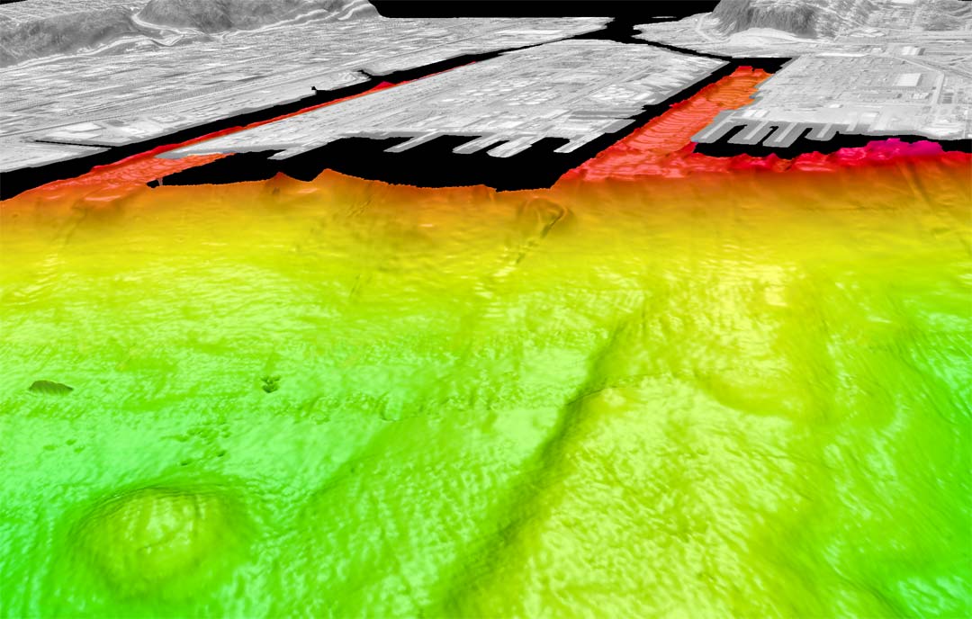 Color-coded shaded-relief bathymetry of Duwamish delta, Seattle, WA looking southeast. see caption above.