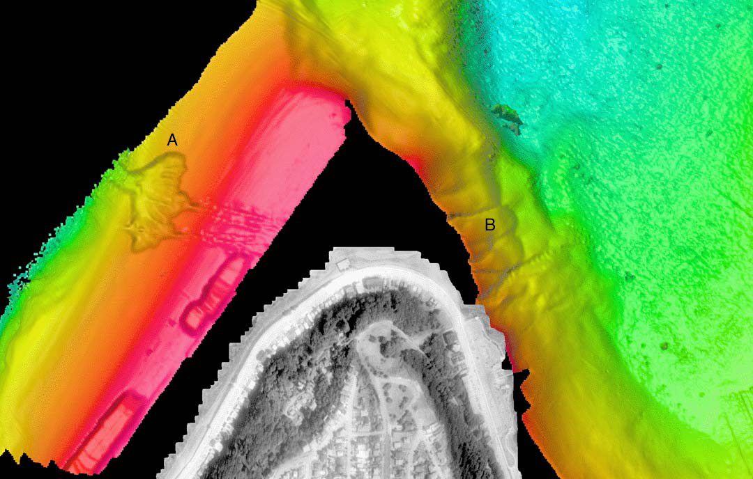 Color-coded shaded-relief bathymetry around the northern tip of Duwamish Head, Seattle, Washington. see caption above.
