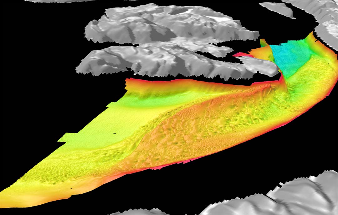 Color-coded shaded-relief bathymetry of Nisqually delta, Washington. see caption above.