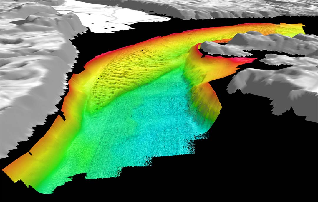 Color-coded shaded-relief bathymetry of Nisqually delta, Washington, looking southwest. see caption above.