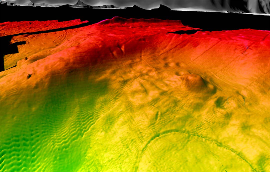 Oblique view of 1-m-resolution bathymetry along the northeast edge of Puyallup delta, Washington. see caption above.