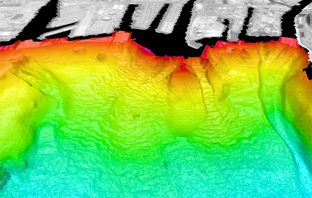 Color-coded shaded-relief of Puyallup delta, Tacoma, Washington, looking southeast. see caption above.